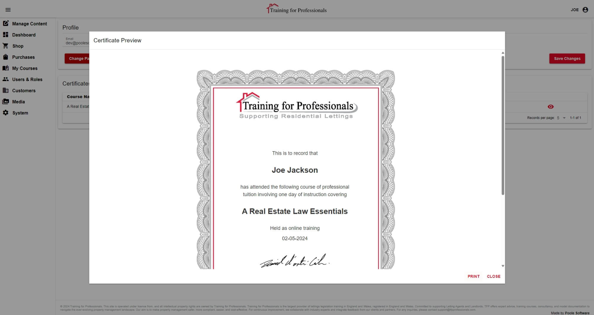 Online learning platform assessment certificate image